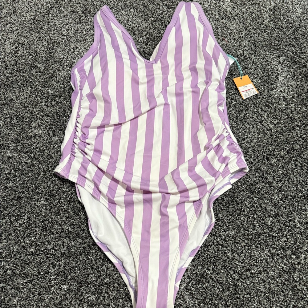 NWT is woman’s 14w One-Piece Swimsuit - Lavender & White Stripes